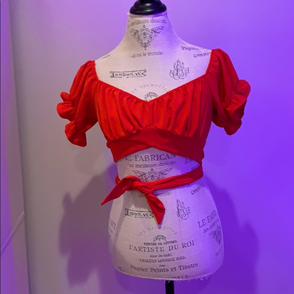 Red cropped off the shoulder top